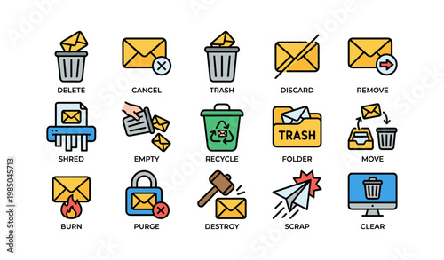 Colorful email management icons: recycle bin, shredder, folder, lock, airplane