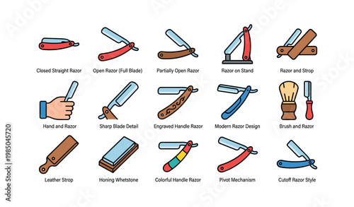 Illustrated collection of razors and shaving tools with open and closed blades
