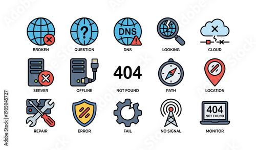 Web icons representing error states and connectivity issues