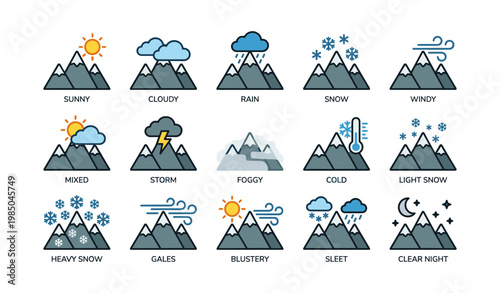 Weather icons set featuring mountains and various weather conditions