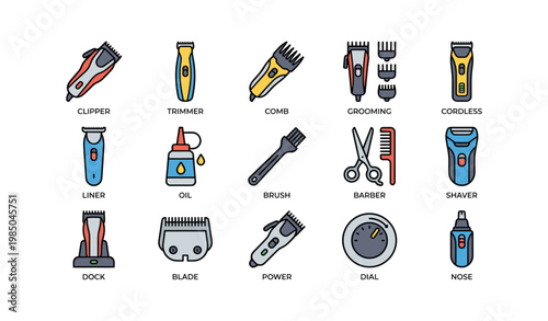Colorful barber tools collection: clippers, trimmers, combs, grooming gear