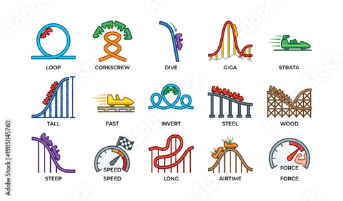 Colorful roller coaster design icons featuring loop, corkscrew, dive, and speed elements
