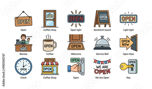 Open signs and coffee shop elements collection with barista and welcome themes