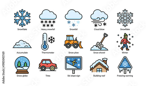 Winter symbols and activities: snowflakes, snowfall, snowplow, and winter gear icons