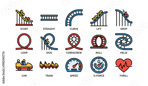 Colorful roller coaster icons featuring loops, drops, and thrills
