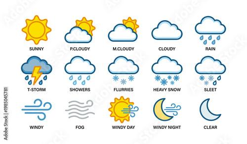 Weather icons set: sun, clouds, rain, t-storms, snow, winds, moon phases