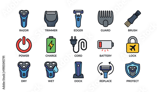 Icons of electric shaving accessories and maintenance tools