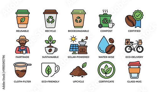 Eco-friendly practices and products icons for sustainability and recycling
