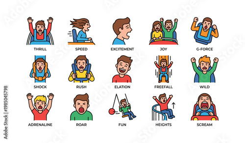 Roller coaster emotions: thrill, excitement, joy, and fear in a colorful illustration