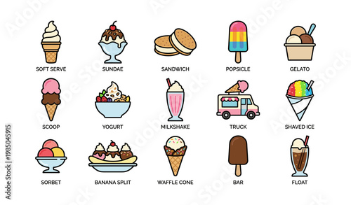 Diverse ice cream icons featuring cones, sundaes, and frozen treats