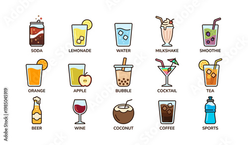Colorful illustrated beverage icons featuring soda lemonade water and more