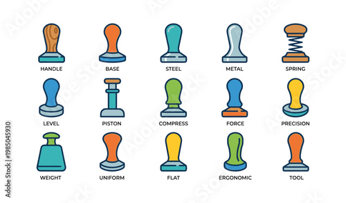 Colorful rubber stamps collection with various designs and handles