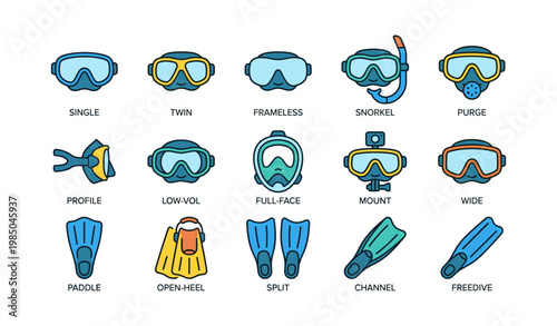Scuba diving masks and fins collection featuring various styles and designs