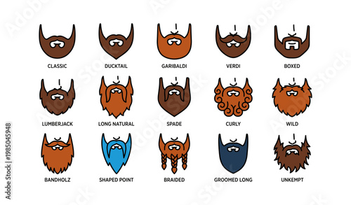 Illustrated chart of 16 unique beard styles for men