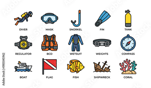 Scuba diving gear icons including diver mask snorkel and fins