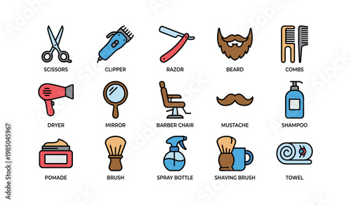 Barber tools collection: scissors, clippers, razors, beard combs, mirrors, towels