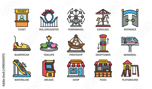 Amusement park icons: rides, games, and attractions overview