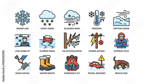 Winter weather icons including blizzard, snowflake, freezing temperature, emergency kit, and rescue dog