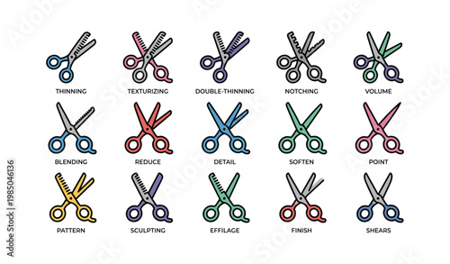 Colorful hair cutting scissors set with various blade designs for styling
