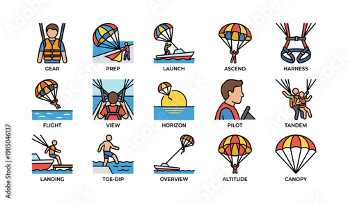 Parasailing adventure icons: gear, launch, tandem, canopy, pilot