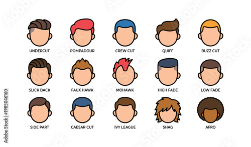 Illustrated hairstyles chart featuring diverse male haircuts