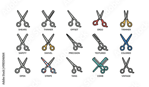 Variety of hair cutting tools including shears, thinner, trimmer, comb, and swivel designs