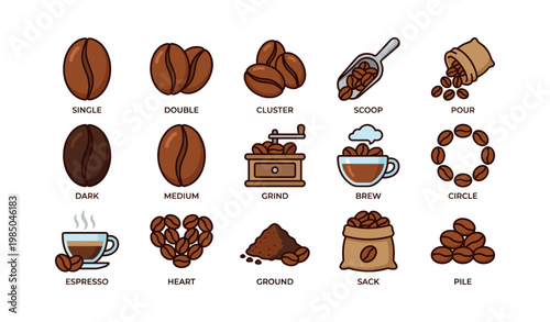 Coffee beans and brewing elements illustration with various icons
