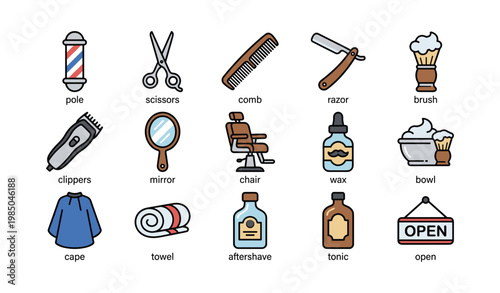 Barber shop tools collection featuring scissors, comb, razor, and more icons