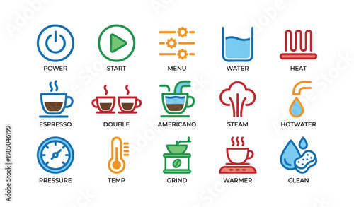 Coffee machine icons set: espresso, americano, grinder, heating, cleaning, temperature, pressure