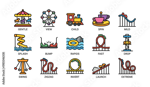 Collection of amusement park ride icons featuring ferris wheel, carousel, roller coasters, and swing