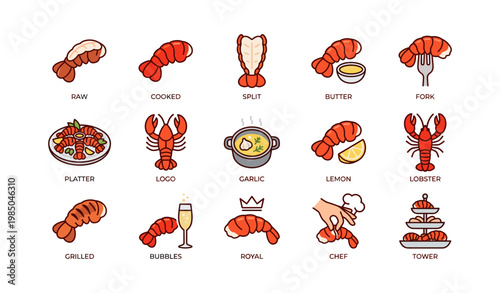 Cartoon lobster icons with various food elements and cooking styles