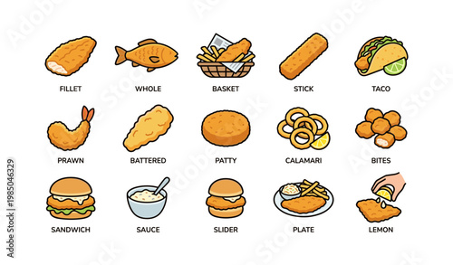 Assorted fried seafood and snacks illustrations with sauces and lemon