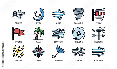 Weather symbols: breeze, swirl, gust, tornado, windy, storm, cyclone, umbrella