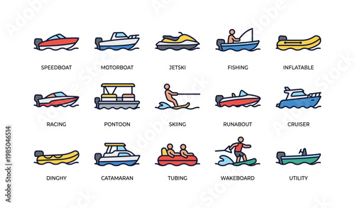 Colorful icons of various types of boats and watercraft