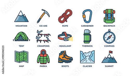 Essential mountaineering equipment icons for outdoor adventures