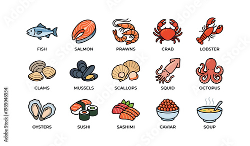 Colorful seafood collection: variety of fish, shellfish, and sushi