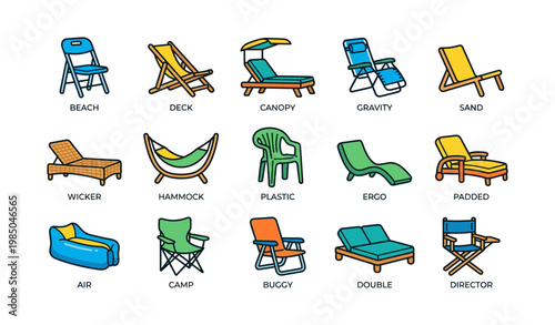 Variety of outdoor chairs: beach, deck, canopy, and more