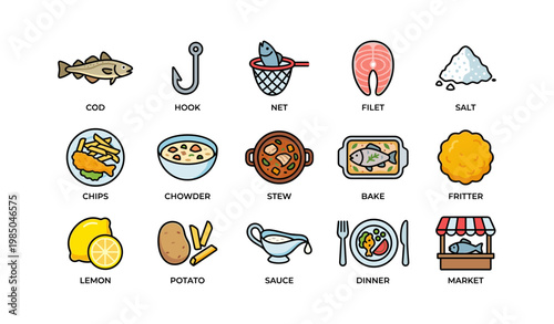 Seafood and cooking icons: fish, cooking tools, ingredients, meals, and market