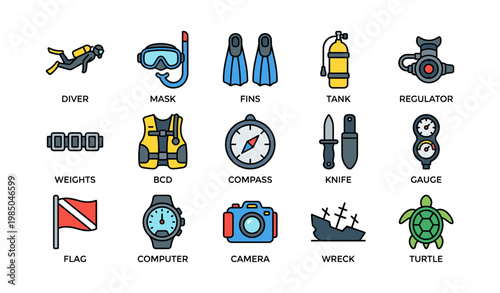Scuba diving equipment icons: mask, fins, tank, regulator, compass, knife, weights, flag