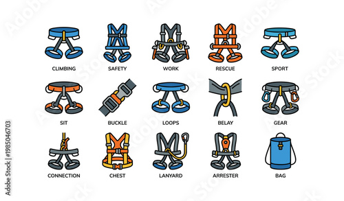 Colorful set of climbing harnesses with gear icons