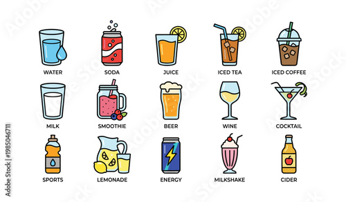 Colorful assortment of beverages including juice, milk, and cocktails