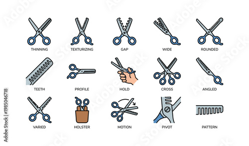 Collection of various hair cutting scissors and techniques illustrated