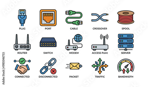 Network devices and cables: router, switch, modem, cable, server icons