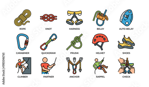 Vector set of climbing gear and techniques illustrations