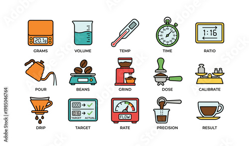 Coffee brewing process icons displaying tools and measurements