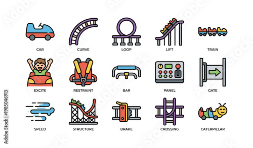 Amusement park ride icons featuring roller coaster elements and safety components