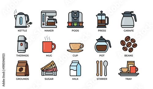 Coffee equipment and ingredients icons including kettle and mug