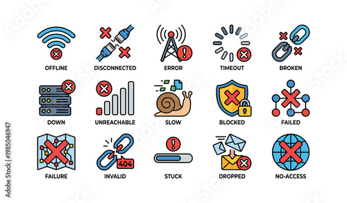 Network connection issues icons: offline, disconnected, error, timeout, broken links