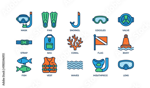 Diving equipment icons set: snorkel, goggles, fins, coral, flag, buoy