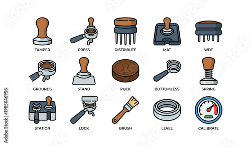 Coffee barista tools collection: tamper, grinder, distribute mat, puck, calibrate gauge
